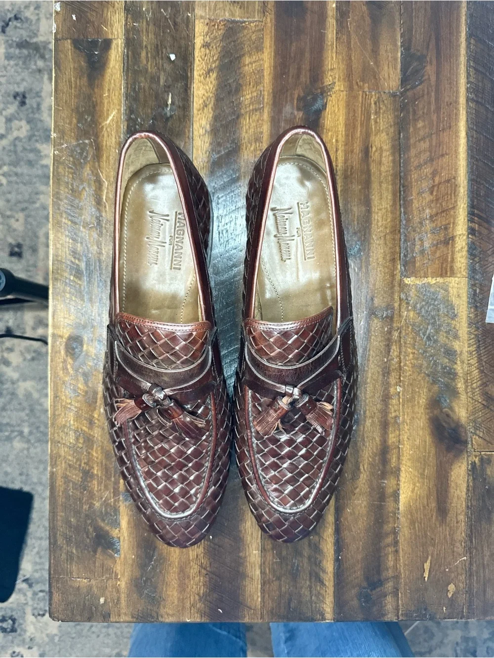 Magnanni Dark Brown Woven Leather Tassel Loafers size 9.5